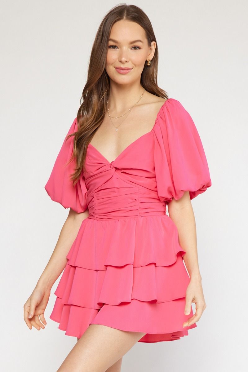 Entro Salsa Romper - Fuchsia, sweetheart neckline, puff sleeves, ruched front, smocked back, tiered skirt 