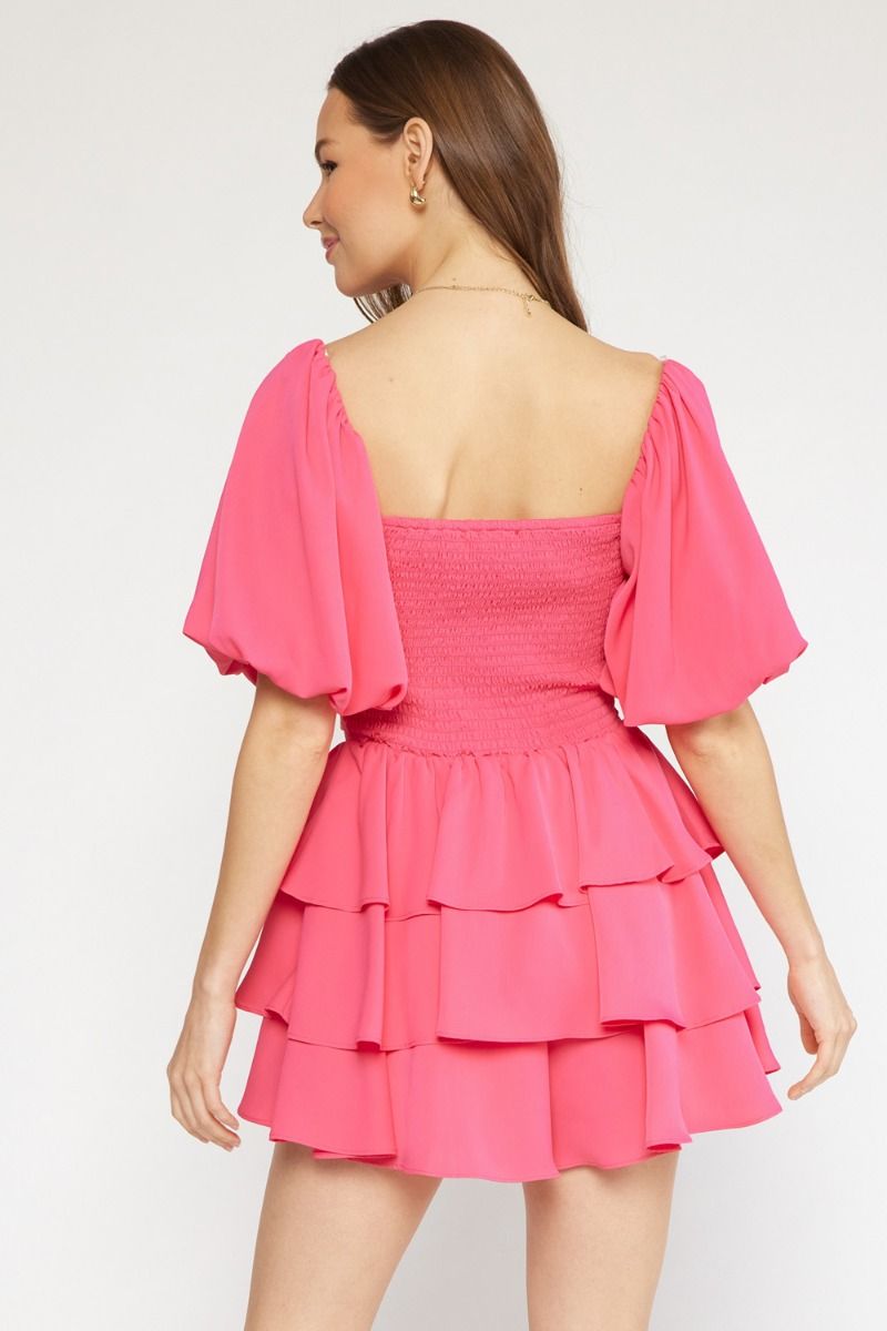 Entro Salsa Romper - Fuchsia, sweetheart neckline, puff sleeves, ruched front, smocked back, tiered skirt