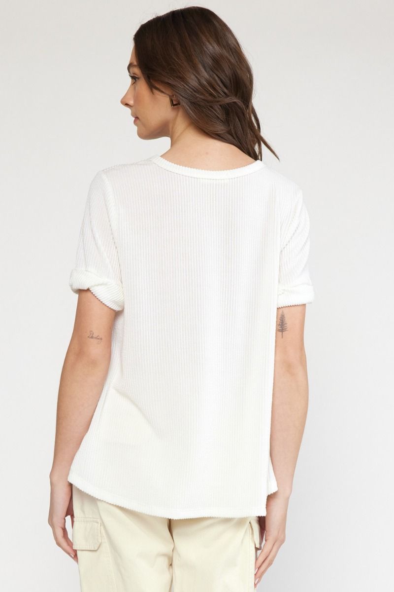 Entro Timeless Top - Off White, short rolled cuff sleeve, ribbed, front pocket, curvy