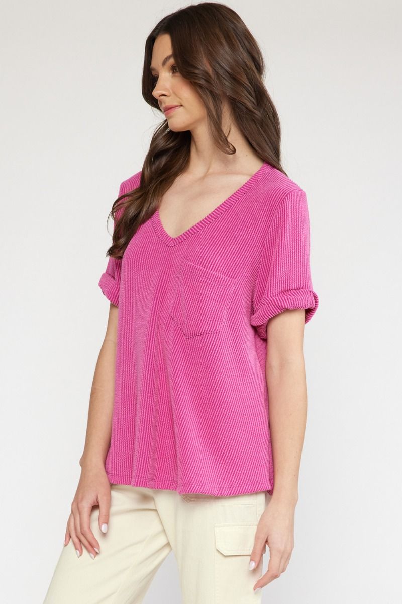 Entro Timeless Top - Orchid, short rolled cuff sleeve, ribbed, front pocket, curvy