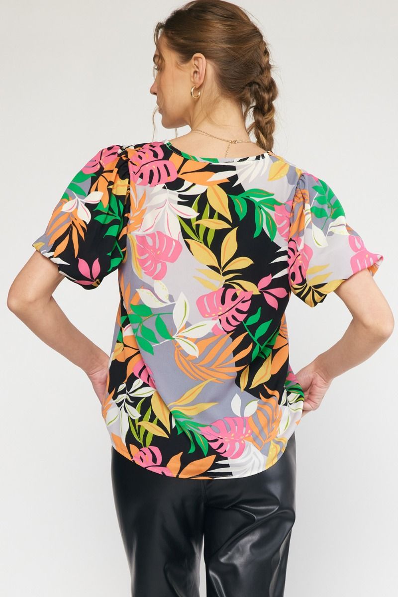 Entro Palm Leaf Top- Multi, short puff sleeve, v-neck, printed, curvy