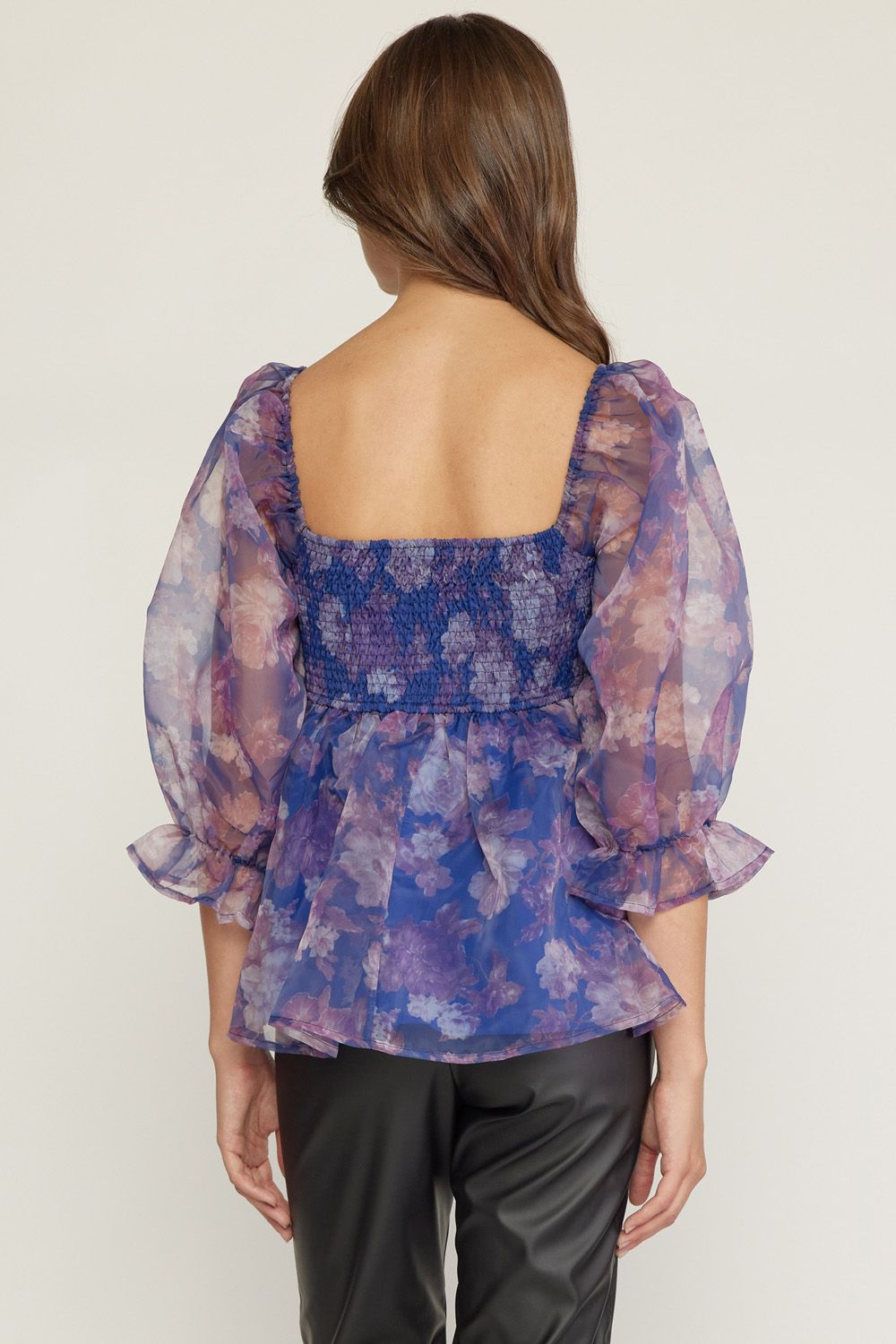 Entro 50 Shades of Floral Top - Midnight, square neck, semi sheer, 3/4 sleeve, ruffles, peplum, smocked back