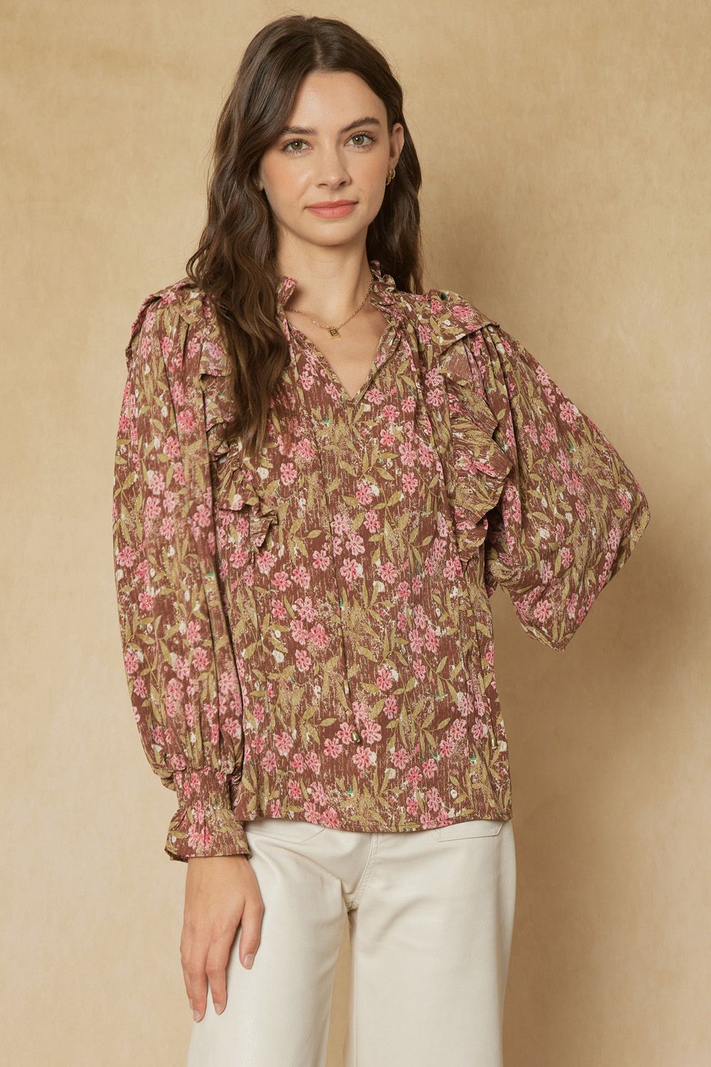 Entro Sound Off Top - Brown v-neck, floral print, ruffle sleeve, statement