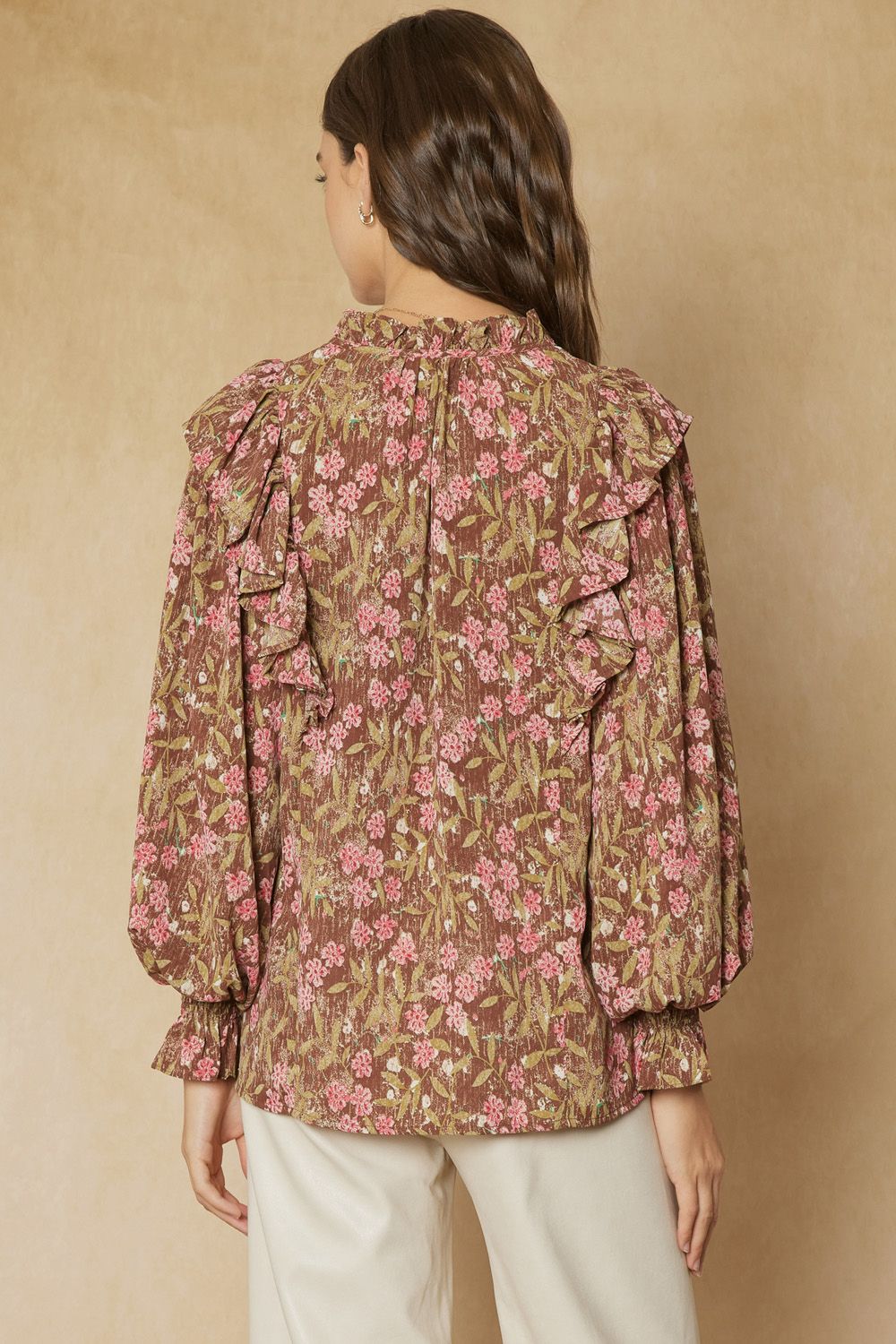 Entro Sound Off Top - Brown v-neck, floral print, ruffle sleeve, statement
