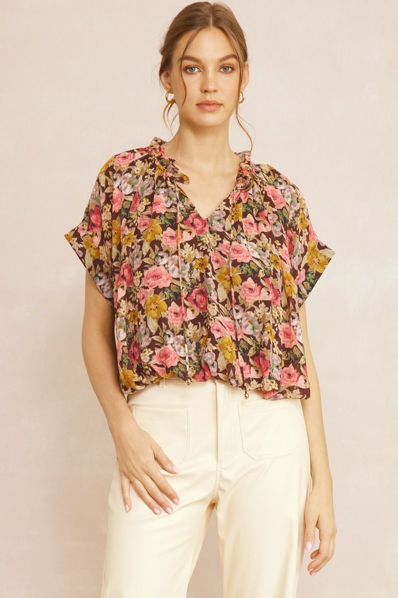 Entro Fall Floral Delight Top - Brown v-neck, short sleeve, brown, pink