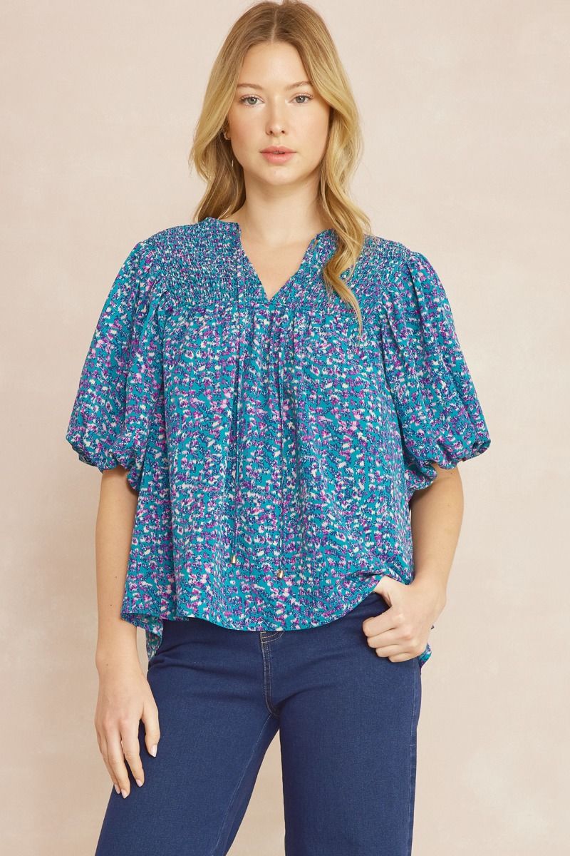 Entro Wild Watercolor Top- Teal Green, short puff sleeves, tie v-neck, flowy