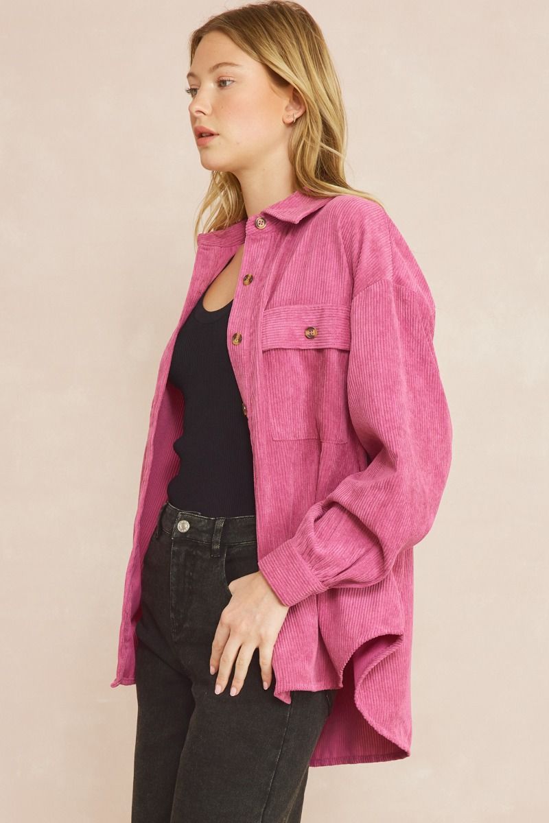Entro Totally Obsessed Lightweight Shacket - Orchid, long sleeves, button down, collared, front pockets