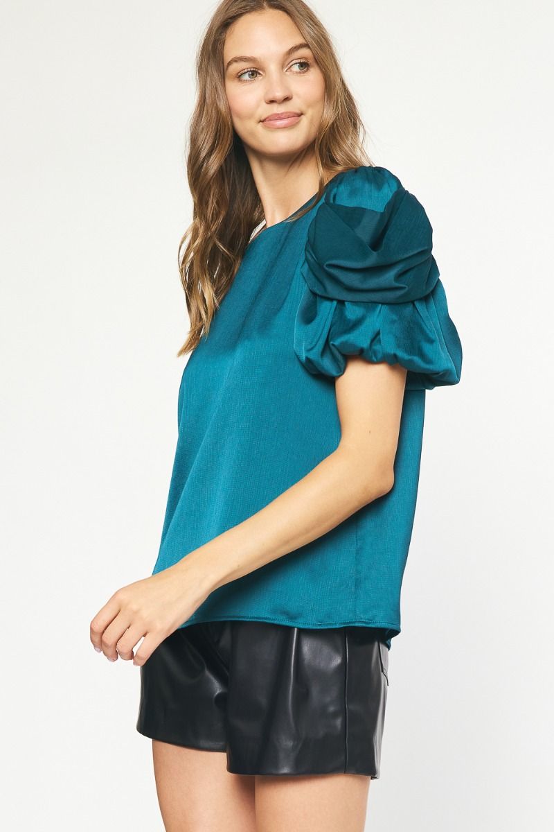 Entro Fierce and Fine Top -Hunter Green, short puff sleeves, round neck, satin material , keyhole back