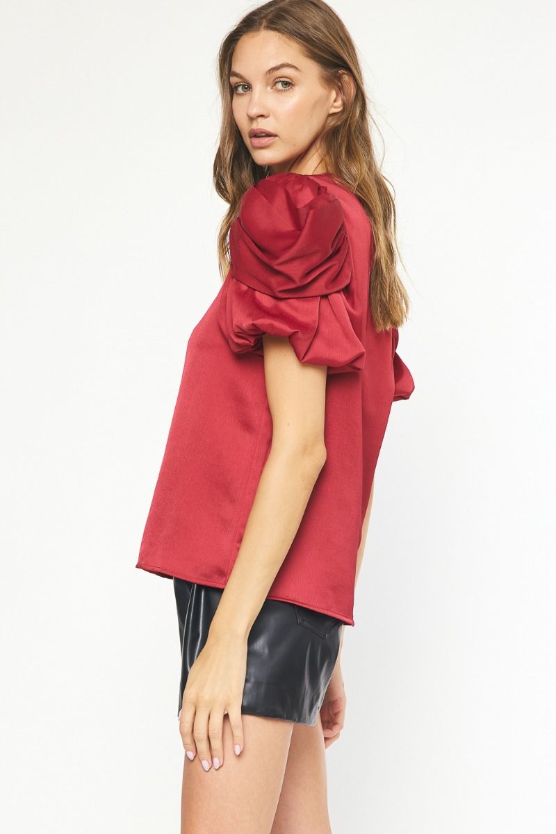 Entro Fierce and Fine Top - Ruby, short puff sleeves, round neck, satin material , keyhole back
