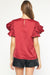 Entro Fierce and Fine Top - Ruby, short puff sleeves, round neck, satin material , keyhole back
