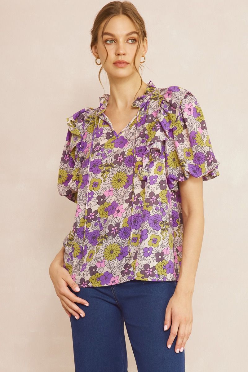 Entro So Totally Rad Top- Purple Moss, short puff sleeves, ruffle shoulder, tie ruffle neck, floral print