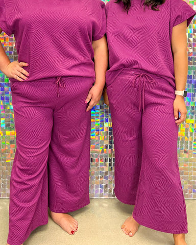 See and Be Seen Luxe Travel Pants- Magenta, cropped, wide leg, textured, drawstring elastic waist, pockets, curvy