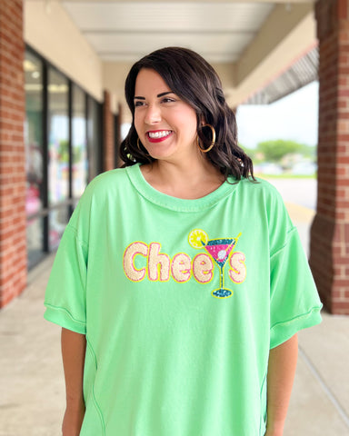 Fantastic Fawn Cheers To You Top - Mint chenille patch, oversized, martini glass, sequin, hi-lo