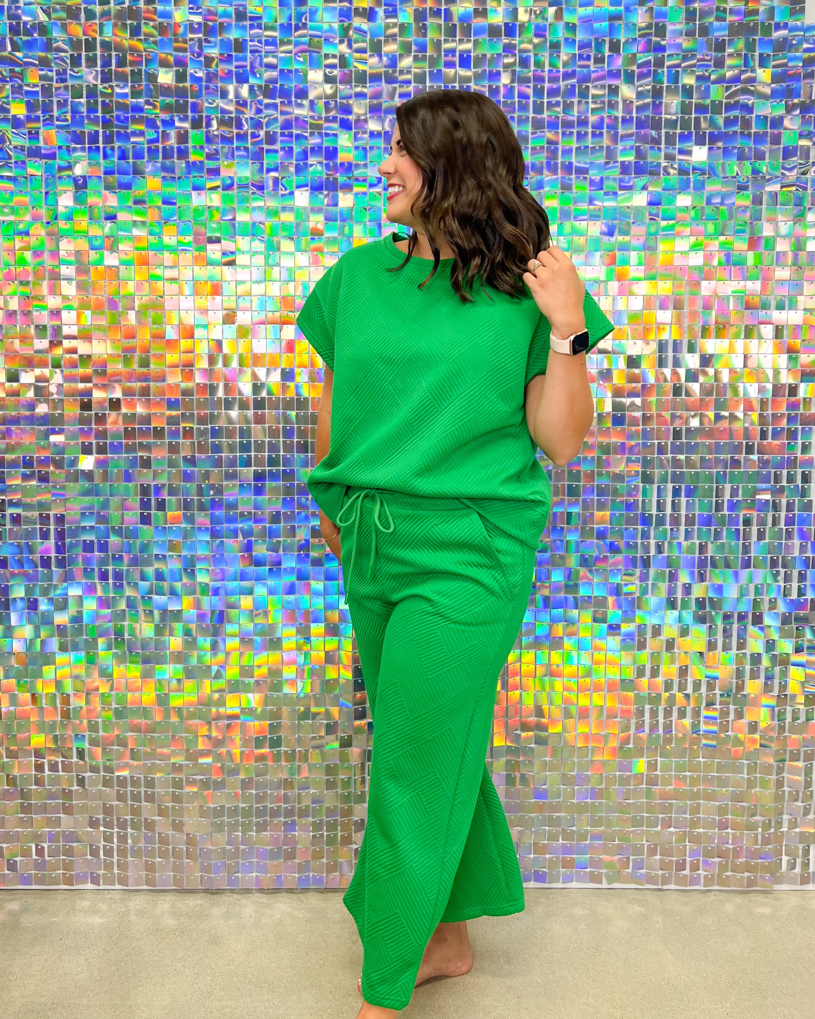 See and Be Seen Luxe Travel Pants- Green, cropped, wide leg, textured, drawstring elastic waist, pockets, curvy