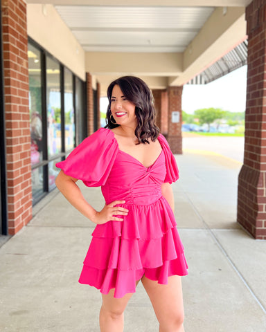 Entro Salsa Romper - Fuchsia, sweetheart neckline, puff sleeves, ruched front, smocked back, tiered skirt