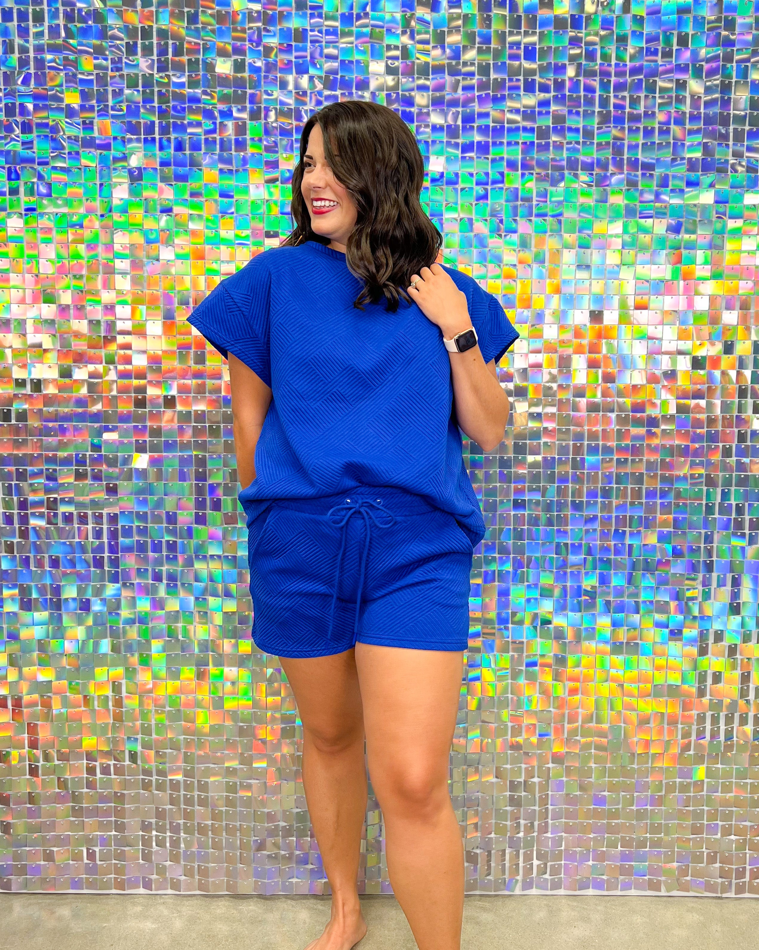 See and Be Seen Luxe Travel Shorts- Royal Blue, drawstring waist, textured, pockets, curvy
