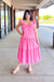 She+Sky Seaside Walk Dress-Candy Pink, short ruffle sleeves, tiered, maxi