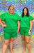 See and Be Seen Luxe Travel Shorts- Green, drawstring waist, textured, pockets, curvy