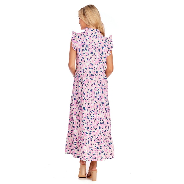 Mud Pie Adair Tiered Maxi Dress - Pink, short ruffle sleeve ,v-neckline, tiered, printed floral maxi