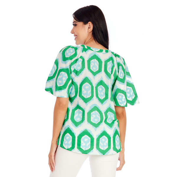 Mud Pie Anderson Top - Green, short flutter sleeves, printed top, v-neck style