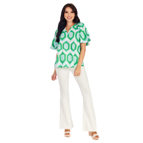 Mud Pie Anderson Top - Green, short flutter sleeves, printed top, v-neck style 