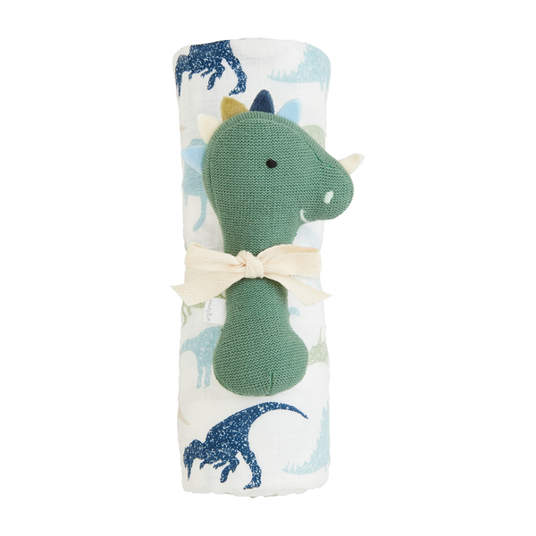 Mud Pie Dino Swaddle Blanket and Stick Rattle Set