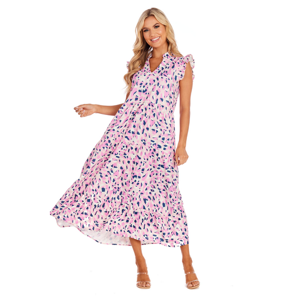 Mud Pie Adair Tiered Maxi Dress - Pink, short ruffle sleeve ,v-neckline, tiered, printed floral maxi