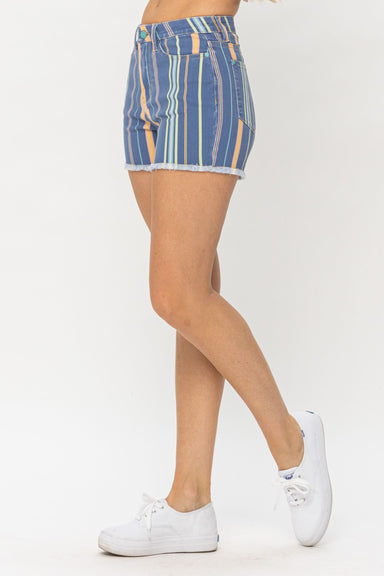 Judy Blue Skylar Striped High Waist Frayed Hem Shorts
