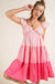 Kori Katherine Dress - Pink Combo, short ruffle cap sleeves, sweetheart neck, tiered, color block, lined, pockets