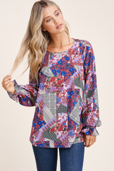 Staccato Patchwork Top - Mauve Round neck, long sleeve, lace inset, keyhole button back, patchwork print top 