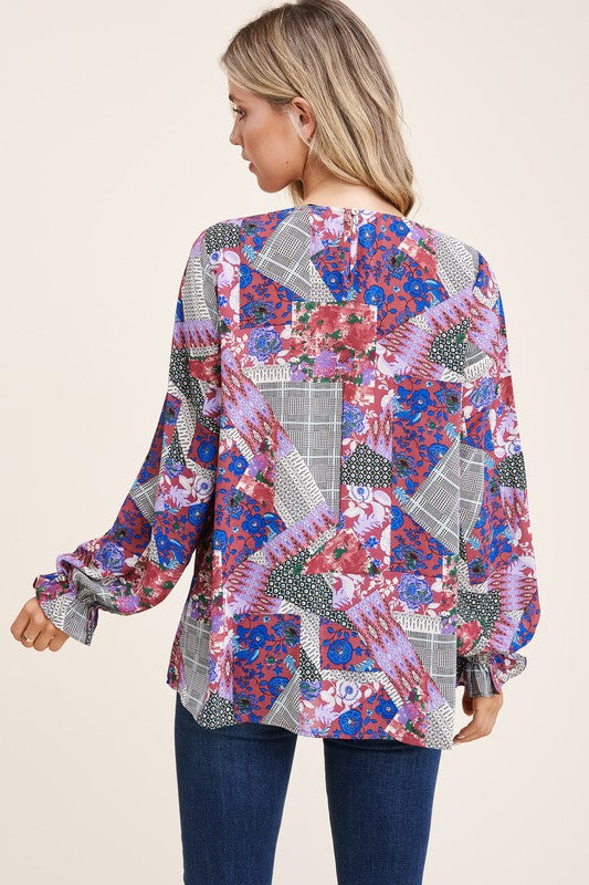 Staccato Patchwork Top - Mauve Round neck, long sleeve, lace inset, keyhole button back, patchwork print top
