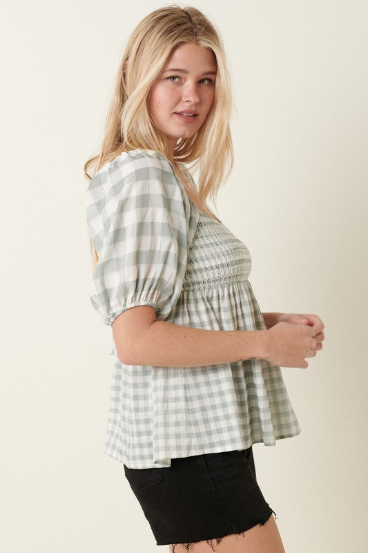 Mittoshop Smocked Gingham Puff Sleeve Top - Dusty Sage