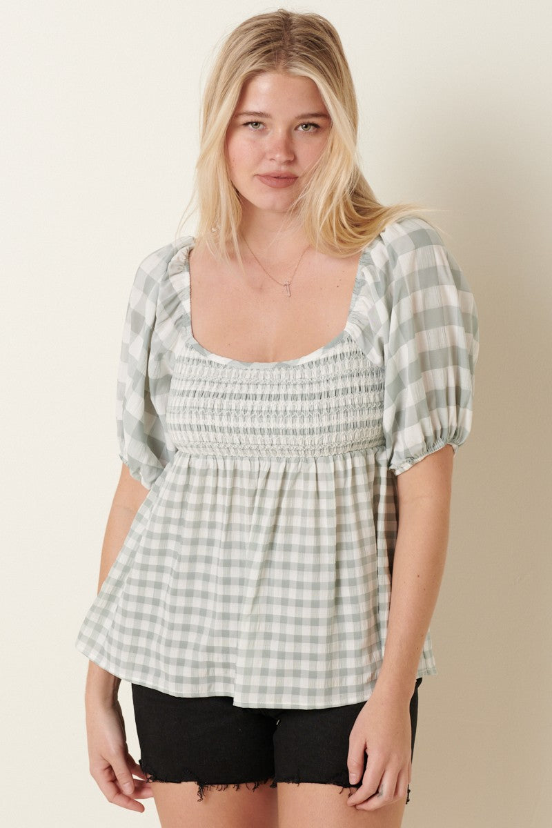 Mittoshop Smocked Gingham Puff Sleeve Top - Dusty Sage