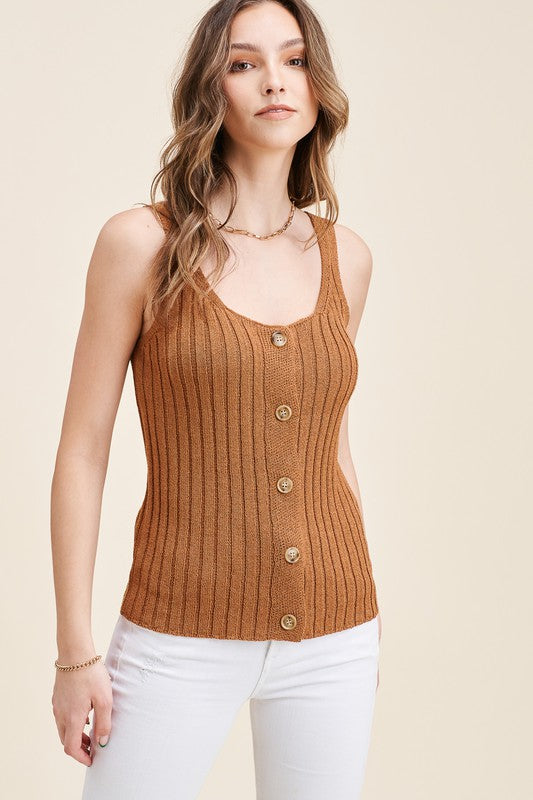 Staccato Belinda Sweater Tank -Toffee Doubnle U neck, Button down front, sleeveless Ribbed sweater top