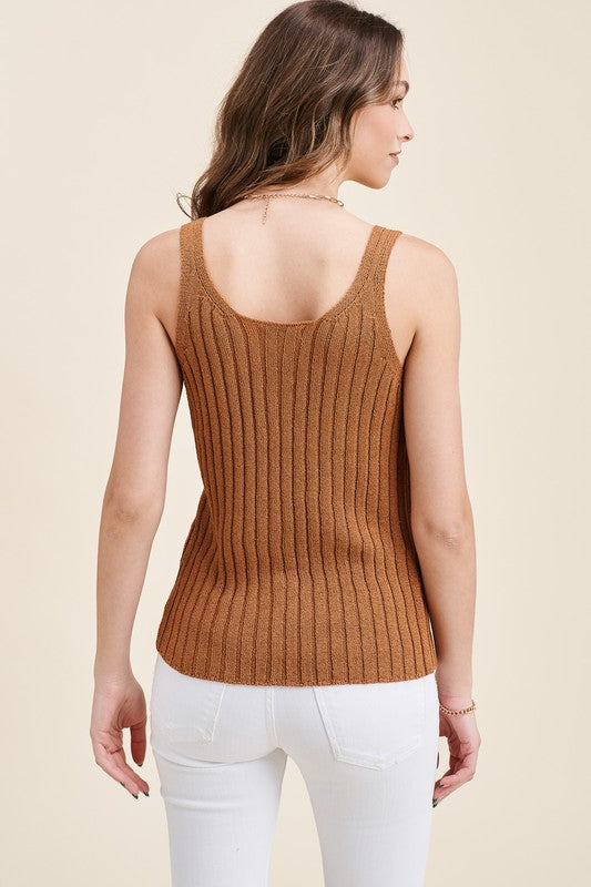 Staccato Belinda Sweater Tank -Toffee Doubnle U neck, Button down front, sleeveless Ribbed sweater top