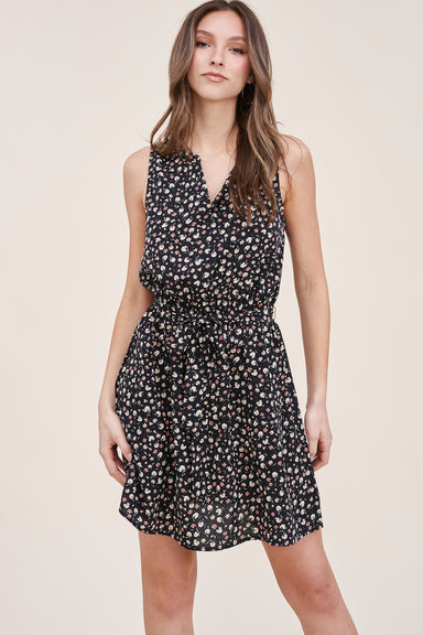 Staccato Courtney Dress - Black Elastic self tie waist, side pockets, knee length, ditsy floral 