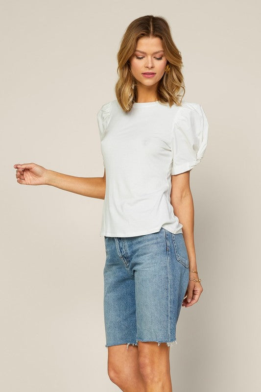 Skies Are Blue Poplin Puff Sleeve Knit Top - White