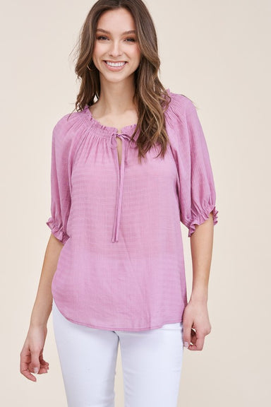 Staccato Camilla Top - Mauve Smocked keyhole tie neck, half sleeve, textured solid top