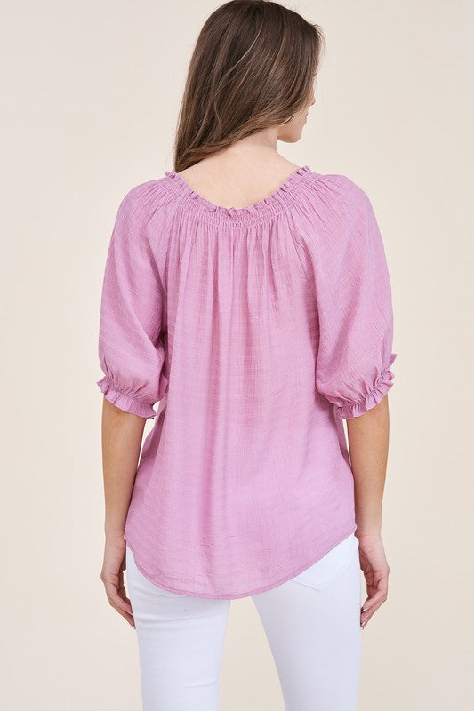 Staccato Camilla Top - Mauve Smocked keyhole tie neck, half sleeve, textured solid top