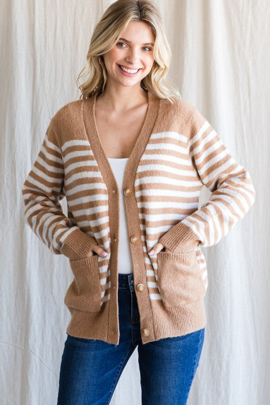 Jodifl Claudia Cardigan - Camel, striped, front pockets, button down