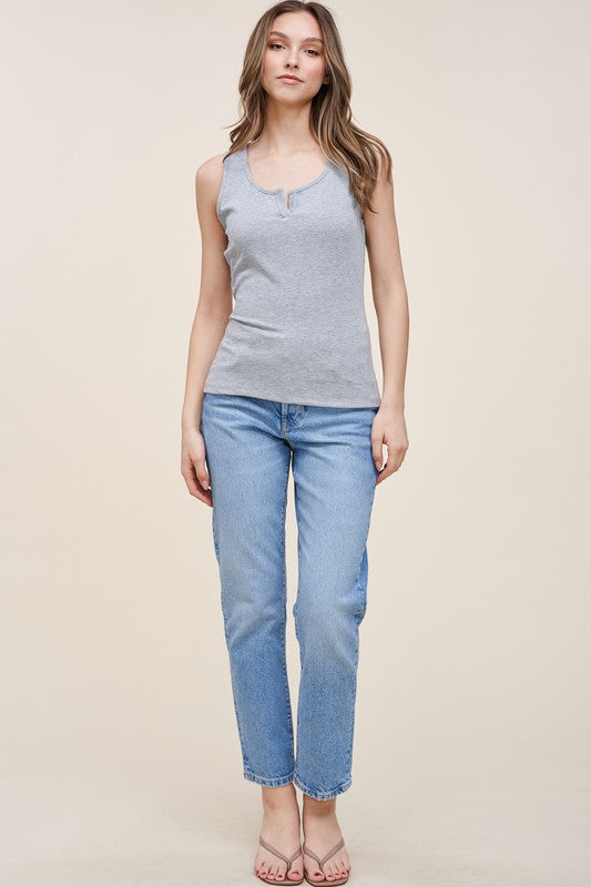 Staccato Stella Tank - Heather Gray Notch neck sleevless ribbed tank in gray.
