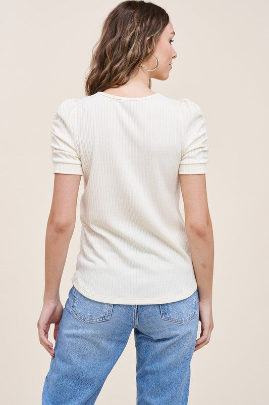 Staccato Sarah Top - Cream Round neck, rouched short sleeve, wide hacci ribbed knit