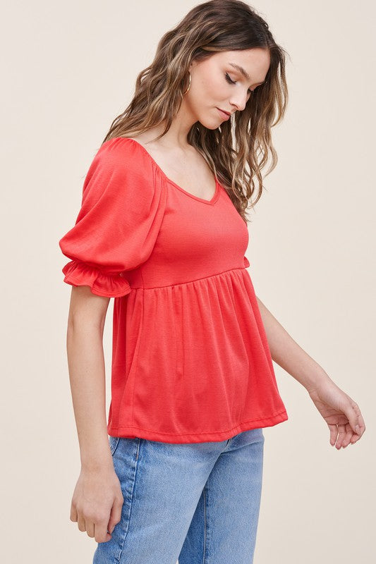 Staccato Kimberly Top - Red V-neck, puff short sleeve, babydoll, rib knit top