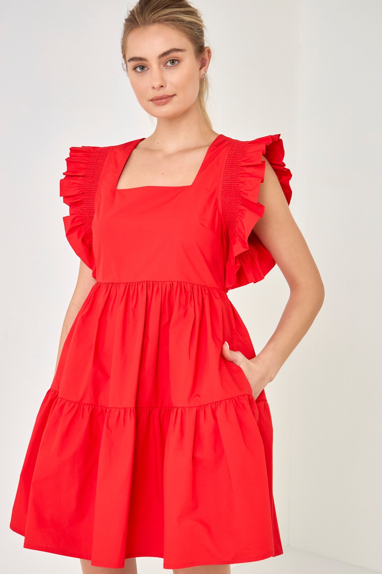 English Factory Samba Dress-Red, square neck, short ruffle sleeves, tiered mini, invisible back zipper