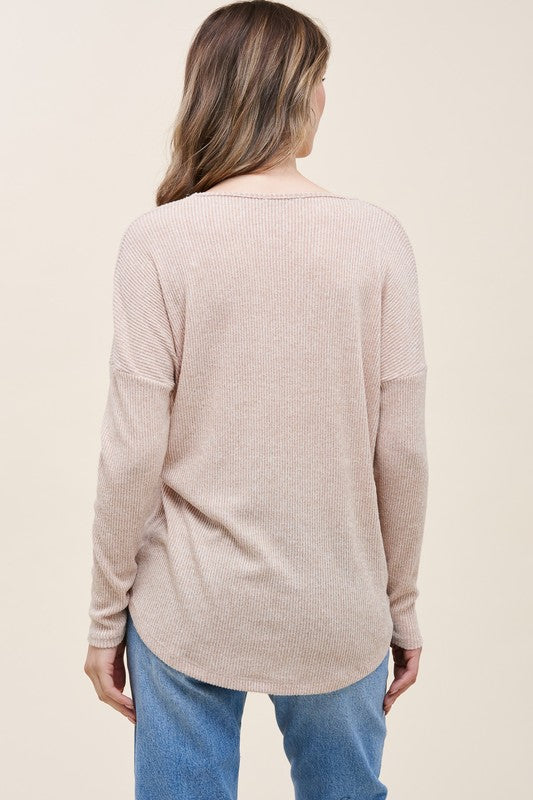 Staccato Halle Top - Oatmeal V-neck, long sleeve, comfy, brushed, ribbed top