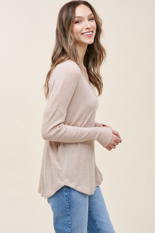 Staccato Halle Top - Oatmeal V-neck, long sleeve, comfy, brushed, ribbed top