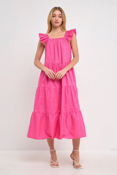 English Factory Dawn Dress- Pink, short ruffle sleeves, tiered, square neck