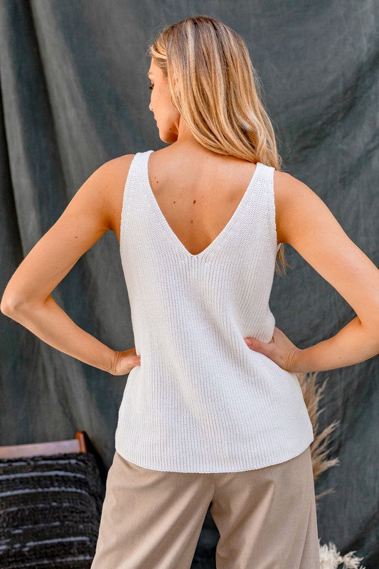 Gilli Franklin Sweater Top - Ivory, sleeveless, v-neck, v back, ribbed, curvy