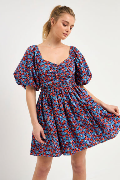 English Factory Sally Ruched Mini Dress - Bright Floral, sweetheart ruched neckline, short puff sleeves, lined, pockets, ruched back, zipper