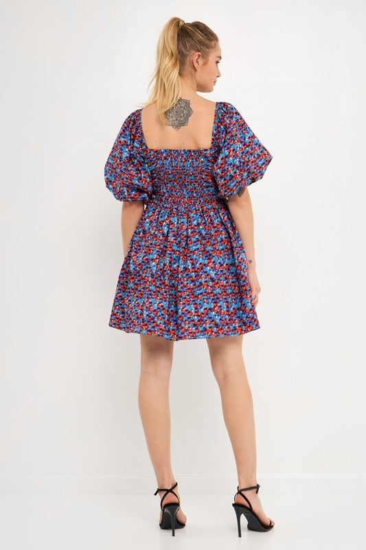 English Factory Sally Ruched Mini Dress - Bright Floral, sweetheart ruched neckline, short puff sleeves, lined, pockets, ruched back, zipper